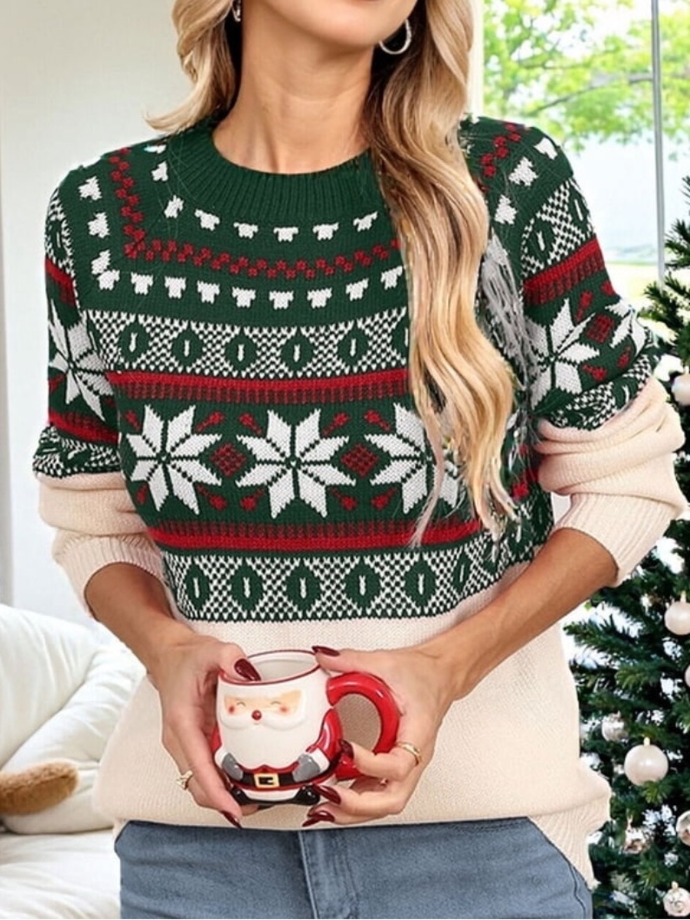 Cozy Green & Cream Fair Isle Crew Neck Sweater